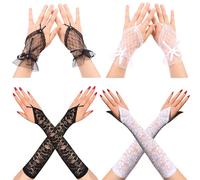 JNYUTEEN 4 Pares de Guantes de Encaje, Guantes de Encaje Largos y Cortos para Mujer, Sin Dedos de Negros y Blancos para de Té Boda Cena
