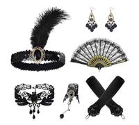 JNYUTEEN 6 Piezas Set de Accesorios Años 20 para Mujer, Diadema con Plumas y Guantes de Satin, Complementos para Fiestas de Graduacion Mardi Gras y Eventos con Tematica Vintage