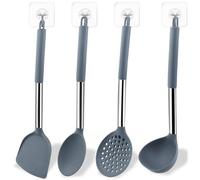 JNZLT Juego de 4 Utensilios Cocina Silicona Platino - Cuchara Sopera Colador Cuchara Asiática para Wok Espátula Ancha Incluye 4 Ganchos Adhesivos (Antiadherente, Resistente Calor)