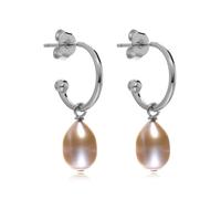 Jo & Co. J Hoop - Pendientes colgantes de perlas ovaladas blancas, plata de ley chapada en rodio con perlas naturales de agua dulce, elegante joyería clásica para mujer, Medium, Metal, Perla