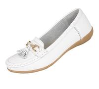 Jo & Joe Mocasines planos de cuero con borlas para mujer de ajuste ancho, zapatos náuticos tipo loafer, zapatos planos tipo plimsole para mujer, White, 39 EU