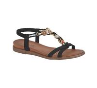 Jo & Joe Sandalias planas trenzadas con correa en T para mujer, con ribete adornado, correa trasera elástica, flor negra, 39 EU