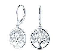 JO WISDOM Pendientes árbol de la vida Plata 925 Mujer con Circonita Cúbica AAA Piedra natal de Abril