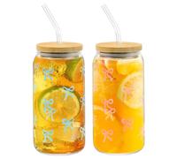 JOAASU 2 Pcs Vasos con Tapa y Pajita, 500ml Vaso con Tapa y Pajita, Lazo Rosa Vaso con Pajita, Verre Latte Macchiato, Vasos de Café Helado, para Café, Jugo, Cóctel (Rosa+Azul)