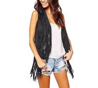 JOASDAO Chaleco con flecos para mujer, sin mangas, vaquera occidental, ante sintético, borlas, chaqueta de cuero, cárdigan, abrigo, ropa exterior, clásico, vintage, años 70, 80, 90, disfraz hippie, 1