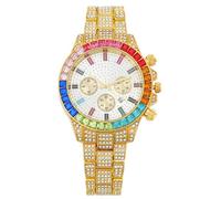 JOATVEE Reloj de diamante multicolor, cronógrafo con fecha, arco iris baguette 41 mm, esfera analógica, de cuarzo, para mujer, acero inoxidable, con diamantes de imitación, dorado, Pulsera