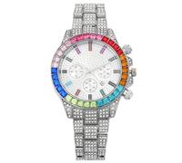 JOATVEE Reloj de diamante multicolor, cronógrafo con fecha, arco iris baguette 41 mm, esfera analógica, de cuarzo, para mujer, acero inoxidable, con diamantes de imitación, plata, Pulsera