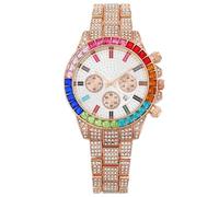 JOATVEE Reloj de diamante multicolor, cronógrafo con fecha, arco iris baguette 41 mm, esfera analógica, de cuarzo, para mujer, acero inoxidable, con diamantes de imitación, rose gold, Pulsera