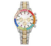 JOATVEE Reloj de diamante multicolor, cronógrafo con fecha, arco iris baguette 41 mm, esfera analógica, de cuarzo, para mujer, acero inoxidable, con diamantes de imitación, dorado y plateado, Pulsera