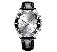 JOATVEE Reloj de hombre cronógrafo calendario analógico de cuarzo impermeable relojes deportivos luminosos moda clásico elegante reloj de pulsera hombre correa de piel, plateado, Correa