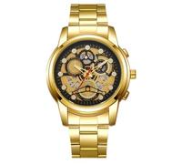 JOATVEE Reloj de hombre de acero inoxidable 30m Reloj de cuarzo analógico impermeable Gear Luxury Gear Reloj casual de negocios analógico con calendario, dorado, Pulsera