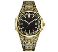 JOATVEE Relojes retro para hombre, analógicos, de cuarzo, con calendario, correa de acero inoxidable, grabada, Oro 3, Pulsera