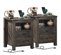 Joaxswe Juego de 2 mesitas de noche con estación de carga, mesita de noche de granja con 2 cajones y almacenamiento de estante, mesa auxiliar de madera, mesita de noche para dormitorio, sala de estar