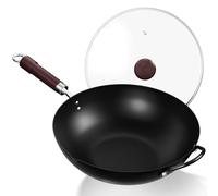 Jobin 32 cm/12,6'' Wok de Acero al Carbono con Tapa, Asas de Madera y Acero, Puede Cocinar Platos Asiáticos Para 3-5 Personas - Fondo Plano