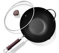 Jobin 32 cm Wok de Acero al Carbono con Tapa, Asas de Madera y Acero, Puede Cocinar Platos Asiáticos Para 3-5 Personas - Fondo Plano