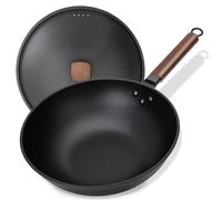 Jobin 33cm/5,6L Wok de Acero al Carbono Sartenes Antiadherentes con Tapa de Hierro - Sin Recubrimiento Químico - Puede Cocinar Platos Asiáticos para 4-6 Personas - Apto Para Todas las Cocinas