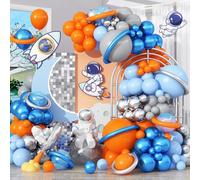 Jobkoo Kit de arco de globos azul y naranja, globos de látex azul pastel claro, plata, naranja, gris, guirnalda de globos metélicos de planeta para decoración del espacio exterior, cumpleaños, baby