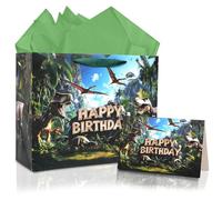 JOCOPUERTO Bolsa de regalo de cumpleaños de dinosaurio, bolsa grande de regalo de cumpleaños de 13 pulgadas con papel de seda y tarjeta para niños y niños, suministros de fiesta de cumpleaños del