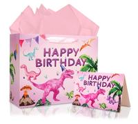 JOCOPUERTO Bolsa de regalo de cumpleaños de dinosaurio, bolsa grande de regalo de feliz cumpleaños de 13 pulgadas con papel de seda y tarjeta para niñas y niños, suministros de fiesta de cumpleaños de