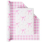 JOCOPUERTO Rollo de papel de regalo reversible con lazo rosa, mini rollo, 1 rollo de papel de regalo de 43.2 cm x 33 pies, diseño de cuadros rosas y blancos, papel de regalo con lazo rosa para fiestas