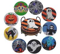 Jodsen 9 Piezas Halloween Posavasos de Diamante con Soporte,Kits Posavasos de Pintura de Diamantes Arte 5D DIY Calavera Fantasma Calabaza para Adultos Niños Principiantes Cocina Vidrio Copas Floreros