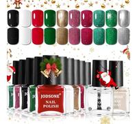 JODSONE Set de 12 Pintauñas Navidad con Base y Top Coat - Esmaltes de Uñas Brillos Rojo, Verde, Dorado y Plata - Esmalte de Uñas Secado Rápido - Kit Manicura Regalo