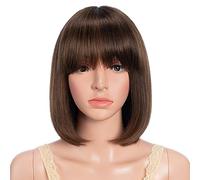 JOEDIR HAIR Bob Peluca de pelo humano con flequillo para mujeres negras, color marrón, peluca corta Bob, hecha a máquina, sin pegamento (25 cm, P4/30)