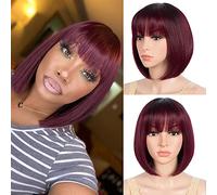 JOEDIR HAIR Bob TT1B/99J Peluca de pelo humano con flequillo para mujeres negras, color rojo ombre, pelucas cortas Bob hechas a máquina, sin pegamento, 20 cm
