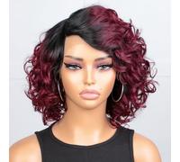 JOEDIR HAIR Peluca corta y rizada con encaje frontal, peluca de cabello humano con raya lateral, color rojo degradado, longitud del hombro, onda de agua, densidad del 150 %