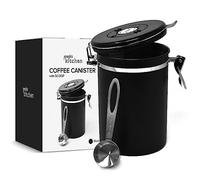 Joejis - Caja de café molido hermético, acero inoxidable, 1800 ml, capacidad ideal para café en grano o en polvo, 500 a 600 gramos, conservando aroma y frescura - Cuchara medidora - Negro