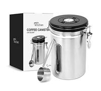 joeji's Kitchen Caja de café molido hermético, acero inoxidable, 1800 ml, capacidad ideal para café en grano o en polvo, 500 a 600 gramos, conservando aroma y fresco, cuchara medidora de plata