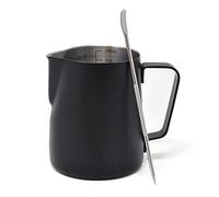 Joeji's Kitchen Jarra leche acero inoxidable con bolígrafo Latte Art Jarra espumadora leche con medidas en oz y ml Jarra leche cafetera Jarra para calentar leche negra de 350 ml para café Chocolate