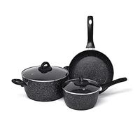 joeji's Kitchen Juego de sartenes antiadherentes de 3 piezas | Sartén, cacerola y cazuela con tapas de vidrio | Compatible con inducción | Revestimiento de mármol sin PFOA | Ideal para familias