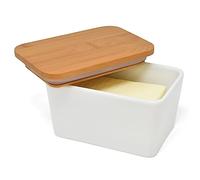 Joeji's Kitchen Recipiente para Mantequilla Ceramica con Tapa de bambú | Capacidad del soporte de Mantequilla de 500 ml - Ideal para Manteca Queso Aceitunas y más