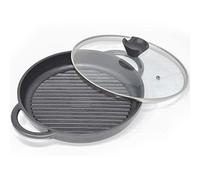 joeji's Kitchen sarten plancha redonda de aluminio fundido con asas de silicona y tapa, sarten grill para parrilla compatible con inducción con base de acero adherido, sartén antiadherente de 27 cm