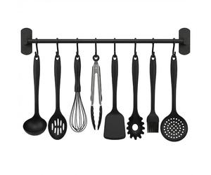 joeji's Kitchen Soporte Utensilios Cocina 40 cm - Autoadhesivo Sin Taladro - Colgador Utensilios de Aluminio con 8 Ganchos Móviles - Porta Utensilios de Cocina que Ahorra Espacio - Negro