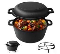 Joejis - Olla holandesa de hierro fundido presazonado de 4,7 L con tapa multiusos de 1,75 L, apta para horno y todo tipo de fuegos, olla holandesa de hierro fundido 2 en 1 para hacer pan, estofar