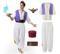 Joellfuner Aladdin - Disfraz para adulto, disfraz de Aladdin para hombre, disfraz de carnaval príncipe árabe con lámpara de Aladino, chaleco árabe, pantalones de Aladín, camisas, sombreros para