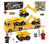 Joellfuner Auto Transporter, Vehiculos Construccion, Transportador de Ingeniería con Luces y Sonidos, Remolque Desmontable con Excavadora, de Juguete con Remolque para Niño de 3 Años (Amarillo)