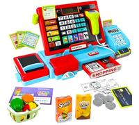 Joellfuner Caja Registradora de Juguete para Niños, Supermercado Juguete con Calculadoras Reales /Escáner/Tarjeta de Crédito/Dinero de Juego, Tiendas de Juegos Fingidas para Pequeños 3 4 5 6 años