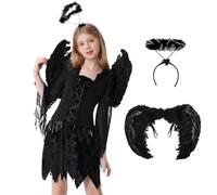 Joellfuner Disfraz Angel Negro para Niñas, Disfraz Demonio con Alas Negras, Diadema con Halo, Vestido Ángel Caído Negro Malefica niña para Halloween Carnaval Cosplay Fiesta (Talla XL)
