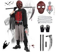 Joellfuner Disfraz Muerte Niño, Disfraz de Parca para Niños con Máscara y Luces Calavera, Guantes y Guadaña, Disfraz Esqueleto Niño Cadena de Cintura Fiesta de Carnaval Halloween Cosplay (L（10-12）)