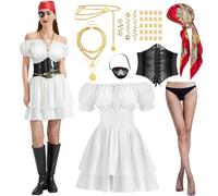 Joellfuner Disfraz Pirata Mujer, Vestido Blanco Pirata, Disfraz de Piratas Mujer con Corset, Bandana, Collares y Cadenas de Cintura, Accesorio para el Pelo para Carnaval Halloween Cosplay (B, S)
