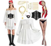 Joellfuner Disfraz Pirata Mujer, Vestido Blanco Pirata, Disfraz de Piratas Mujer con Corset, Bandana, Collares y Cadenas de Cintura, Accesorio para el Pelo para Carnaval Halloween Cosplay (A, L)