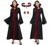 Joellfuner Disfraz Vampiro Mujer, Disfraz Halloween Adulto Muje, Vestido de Dracula Adulto con Cuello Alto Rojo y Negro, Collar, Pendientes y Colmillos de Vampiro para Halloween Carnaval Cosplay (XL)