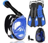 Joellfuner Máscara Snorkel Adulto, 180°Vista Máscara de Snorkel con Anti-Vaho, con Soporte de Cámara, Aletas Ajustables (Azul, S/M)