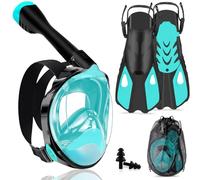 Joellfuner Máscara Snorkel Adulto, 180°Vista Máscara de Snorkel con Anti-Vaho, con Soporte de Cámara, Aletas Ajustables (Verde, S/M)