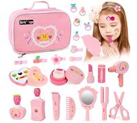 Joellfuner Set Maquillaje de Madera Niña, Kit Maquillaje Niña, con Tatuajes Adhesivos y Gomas Elásticas, Fresa Bolso de Cosméticos, Belleza Maquillaje Infantil Juego de rol para Niñas 3 4 5 6 7 Años