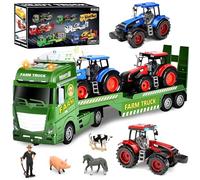 Joellfuner Tractor Juguete Niño, Remolque de Tractor Desmontable con Sonidos, Luces, Granjero y Animales, Camión Transportador de Coche Grande con Portoneta Plegable, Regalo para Niño Niña 3 4 5 6