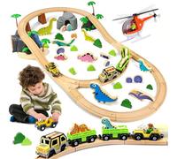 Joellfuner Tren Madera Juguete de Dinosaurios, 80 Piezas Pistas de Tren Madera con Dinosaurios, Cabezas de Jeep y Aviones, Compatible con Las Principales Marcas, Juguete de Trens para Niños y Niñas